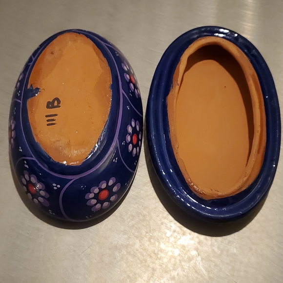 Vintage Red Clay Purple Mexican Folk Art Floral Hand Painted Oval Trinket Box - Picture 7 of 12